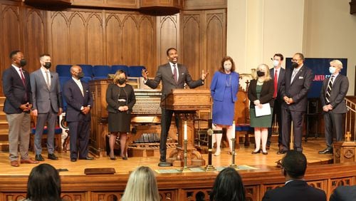 Atlanta Mayor Andre Dickens addressed plans to build 1,000 affordable housing units over the next five years in partnership with Wells Fargo and several faith-based organizations. Wednesday, February 23, 2022. Miguel Martinez for The Atlanta Journal-Constitution 