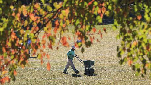 October 25, 2016 Atlanta: Framed by the changing colorful leaves, Caritino Dominguez of Greenblades Turf Care spent Tuesday, Oct. 25, 2016 taking care of the athletic fields at Chastain Park in Atlanta. Fertilizing and seeding were the order of the day as a cold front moved into the Atlanta area. Thatâ€™s a cold front coming through metro Atlanta, according to Channel 2 Action News meteorologist Karen Minton. The next chance of rain is Thursday, â€œAnd Iâ€™m telling you, for most of us, we wonâ€™t even see a drop, â€ she said. Areas north of Atlanta may see showers, but areas south of I-20 are expected to stay dry. Temperatures are expected to reach the 80s Friday and remain there through Sunday, Minton said. Wednesdayâ€™s high will be 75 and the low 52. JOHN SPINK /JSPINK@AJC.COM