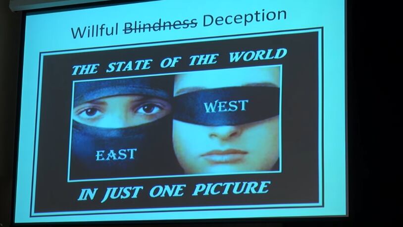 A slide from an Atlanta Vietnam Veterans Business Association presentation on "the current threat of Islam in the world" by David Bores.