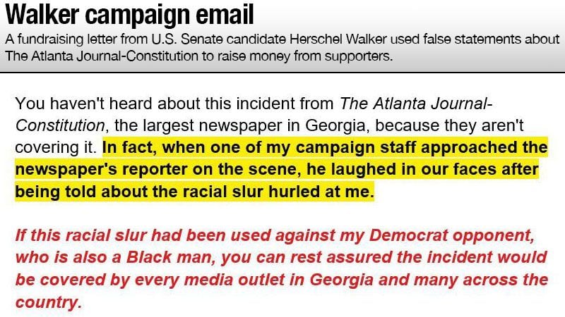 A fundraising letter from U.S. Senate candidate Herschel Walker used false statements about The Atlanta Journal-Constitution to raise money from supporters.