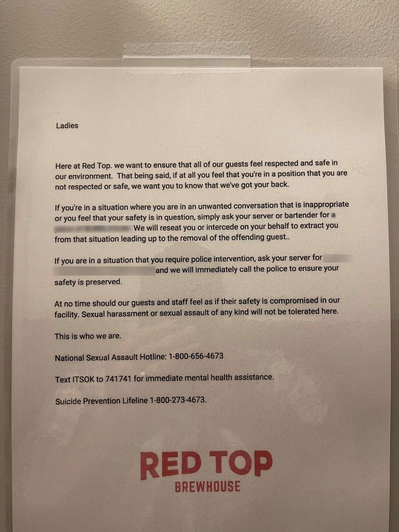 Notices posted in female, male and gender-neutral restrooms at Red Top Brewhouse in Acworth instruct guests what to do if they find themselves the recipient of untoward behavior. Courtesy of Red Top Brewhouse