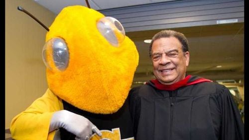 Andrew Young with the Georgia Tech mascot. Georgia Tech is awarding Young with the Ivan Allen Jr. Prize for Social Courage in recognition of his lifelong dedication to civil and human rights. PHOTO CREDIT: GEORGIA TECH