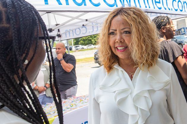 Congresswoman Lucy McBath arrives at the Gwinnett County celebration of a $20 million grant awarded to transform the transit center just west of Gwinnett Place Mall on Monday, July 24, 2023.  (Jenni Girtman for The Atlanta Journal-Constitution)
