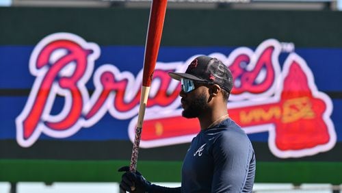 Atlanta Braves center fielder Michael Harris II waits for his turn during batting practice during the second of the Braves spring training at CoolToday Park, Tuesday, Feb. 14, 2023, in North Port, Fla.. (Hyosub Shin / Hyosub.Shin@ajc.com)