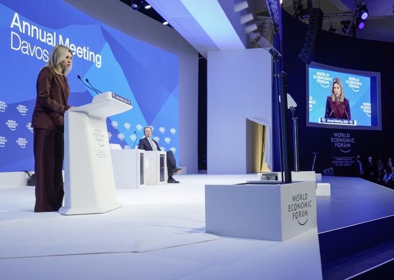 Ukrainian first lady Olena Zelenska, left, speaks last year at the World Economic Forum in Davos, Switzerland. (AP Photo/Markus Schreiber)