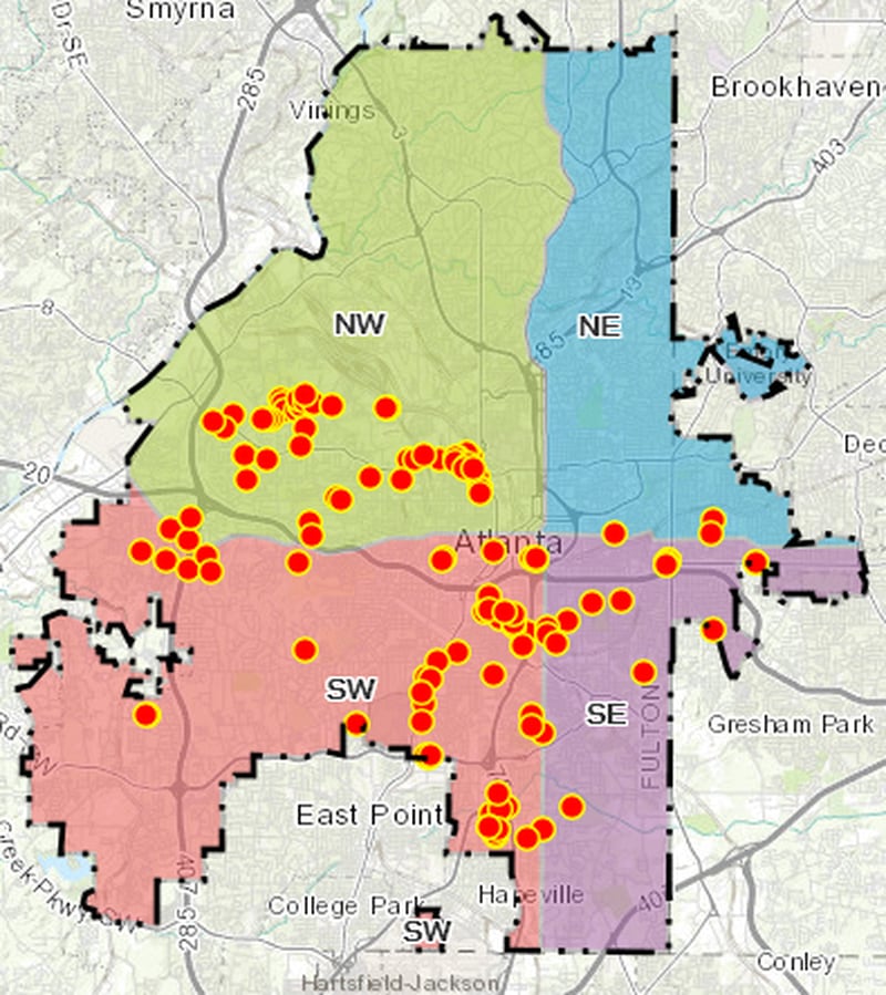 Several areas of Atlanta have been identified for high occurrences of illegal tire dumping, as indicated by the map. 