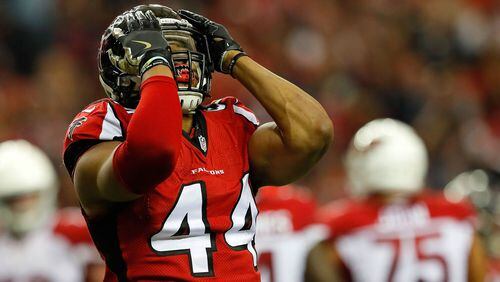 Falcons' Vic Beasley Jr. reacts during the second half against the Arizona Cardinals Nov. 27, 2016, at the Georgia Dome in Atlanta.