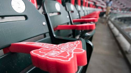 Foam Tomahawks rest on seats  before the Atlanta Braves season opener Thursday, March 29, 2018, against the Philadelphia Phillies  at SunTrust Park.