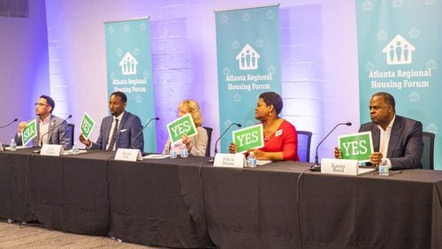 The Atlanta Regional Mayoral Forum, moderated by Bill Bolling, is centered around Atlanta's housing challenges and takes place in two parts Wednesday, Oct 6, 2021.  Candidates in the first set of questions, shown here, include Atlanta City Councilman Antonio Brown, from left, councilman Andre Dickens, attorney Sharon Gay, council president Felicia Moore and former mayor Kasim Reed. The second group of candidates include Kirsten Dunn, Nolan English, Mark Hammad, Kenny Hill, Rebecca King,  Roosevelt Searles III, Richard Wright.  (Jenni Girtman for The Atlanta Journal-Constitution)
