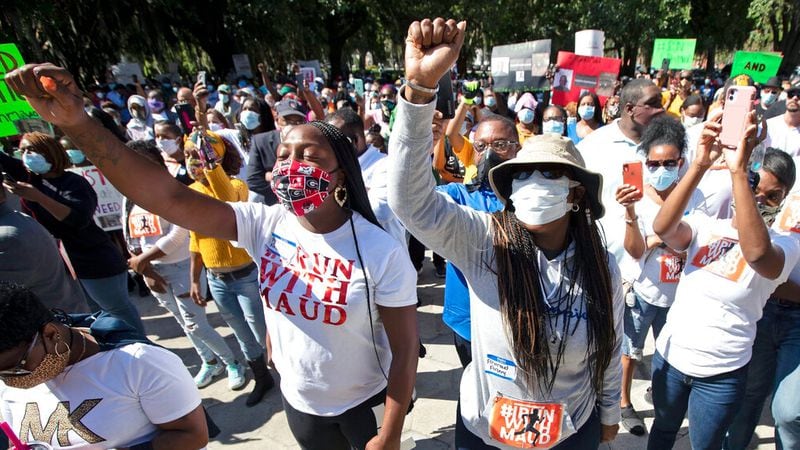People react during a rally to protest the shooting of Ahmaud Arbery, who was killed Feb 23 while he was jogging in Brunswick, Georgia. (John Bazemore/Associated Press)