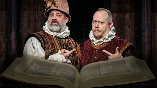 Vinnie Mascola (left) plays Edward de Vere and Andrew Houchins plays William Shakespeare in the world premiere of the play “By My Will” at the Shakespeare Tavern Playhouse. Many people believe de Vere was the true author of the famous plays.
(Courtesy of Atlanta Shakespeare Tavern)