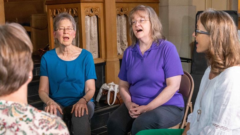 Voices of Love Threshold Choir members Ann Lillya (from left), Rose Watkins, Jeanne Williams and Susan Patterson, practice together at Emory Presbyterian Church in Decatur. PHIL SKINNER FOR THE ATLANTA JOURNAL-CONSTITUTION