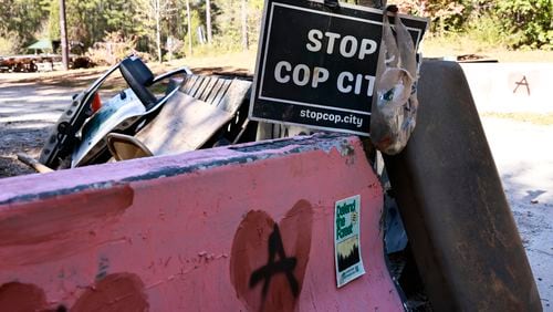 Views of a barricade at the entrance of the proposed site of Cop City as seen on Friday, October 21, 2022. (Natrice Miller/natrice.miller@ajc.com)  