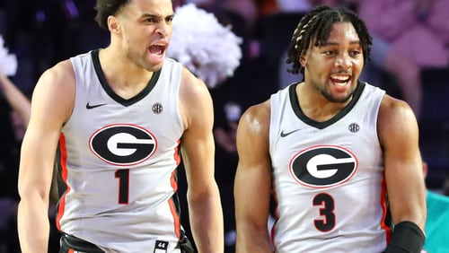 Georgia’s Kario Oquendo (right) and Jabri Abdur-Rahim are looking forward to Tuesday night's matchup against host Kentucky. (Curtis Compton file photo / Curtis.Compton@ajc.com)