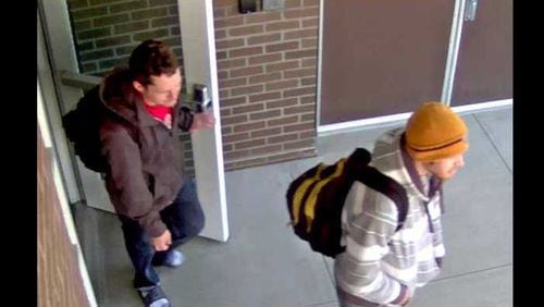 Alpharetta police are searching for these two suspects for the theft of books from Gwinnett Tech.