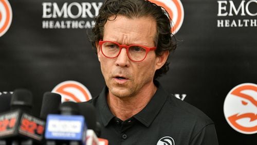 Hawks head coach Quin Snyder takes questions during team exit interviews after the season comes to an end at the practice facility, Friday, April 19, 2024, in Brookhaven. (Hyosub Shin / Hyosub.Shin@ajc.com)