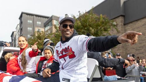 Braves player Jorge Soler celebrates during the Braves' victory parade in Cobb County, Georgia on November 5th, 2021.
