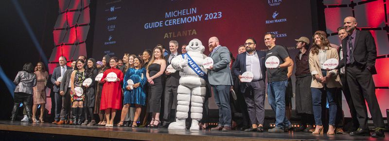 Chefs and owners on the Atlanta Michelin Guide's recommended restaurant list are seen during the Atlanta Michelin Guide gala ceremony Tuesday, Oct. 24, 2023 at the Rialto Center for the Arts in Atlanta. (Daniel Varnado/ For the AJC)