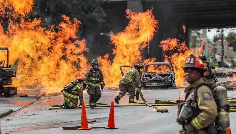 Firefighters battled a massive gas fire in southwest Atlanta on Wednesday morning. The blaze was reported around 10:45 a.m. at 2049 Sylvan Road near the entrance to Langford Parkway in the Sylvan Hills neighborhood.