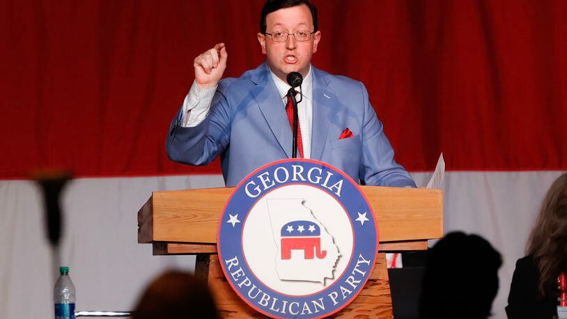 Georgia Republican Party Chairman candidate Joshua McKoon speaks during the GOP Convention at the Columbus Georgia Convention & Trade Center on Saturday, June 10, 2023. (Natrice Miller/natrice.miller@ajc.com)