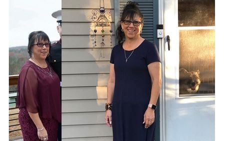 In the photo on the left, taken in December 2018, Dana Lee Peterson weighed 200 pounds. In the photo on the right, taken in March, she weighed 153 pounds. (Photos contributed by Dana Lee Peterson)