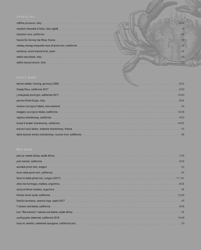 Wine list for Virgil's Gullah Kitchen & Bar
