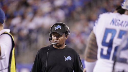 Detroit Lions head coach Jim Caldwell watches his team play during the second half of an NFL football game against the New York Giants Monday, Sept. 18, 2017, in East Rutherford, N.J. (AP Photo/Julio Cortez)