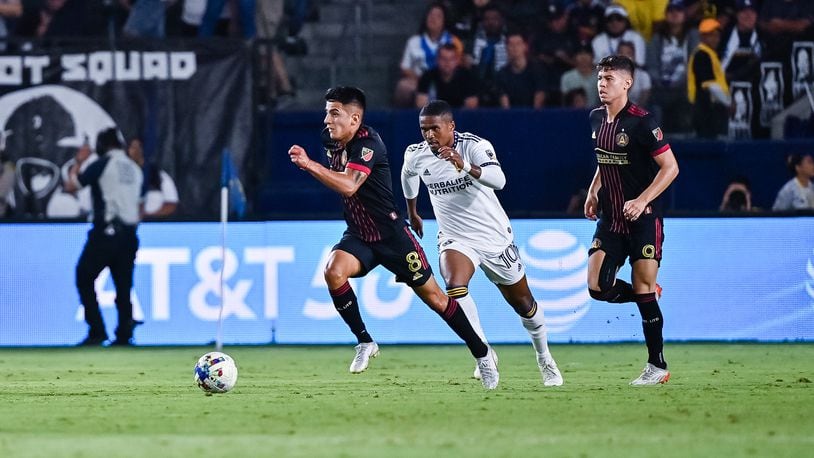 Atlanta United's Thiago Almada dribbles the ball during the second half of the match against the L.A. Galaxy on Sunday night in Carson, Calif. (Photo by Dakota Williams/Atlanta United)