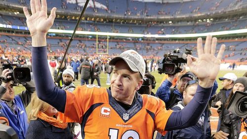 Denver Broncos quarterback Peyton Manning waves to spectators following the NFL football AFC Championship game between the Denver Broncos and the New England Patriots, Sunday, Jan. 24, 2016, in Denver. The Broncos defeated the Patriots 20-18 to advance to the Super Bowl. (AP Photo/Charlie Riedel)