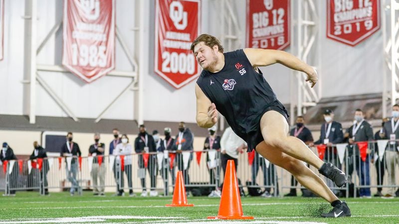 Oklahoma offensive lineman Creed Humphrey participates in the school's Pro Day workout for NFL scouts, Friday, March 12, 2021, in Norman, Okla. (Alonzo Adams/AP)