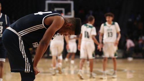 St. Francis Chase Ellis (24) reacts after fouling an Aquinas player during the second half of the GHSA Class A Private Boys State Championship at McCamish Pavilion Friday, March 9, 2018, in Atlanta.