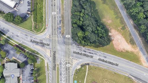 Peachtree Corners is looking at improvements to Ga 141/Peachtree Parkway at East Jones Bridge Road and Medlock Bridge Road intersection. (Google Maps)