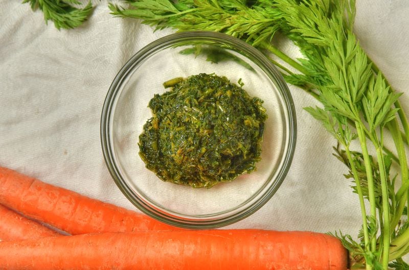 The greens from your carrots are put to great use in Carrot-Top Pesto. (Styling by Julia Skinner / Chris Hunt for the AJC)