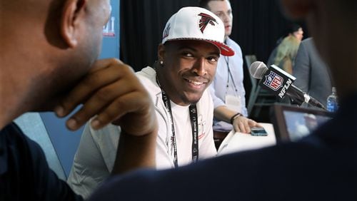 Falcons strong safety Keanu Neal takes questions during his Super Bowl press conference on Tuesday, Jan. 31, 2017, at Memorial City Mall ice arena in Houston. (Curtis Compton/ccompton@ajc.com)