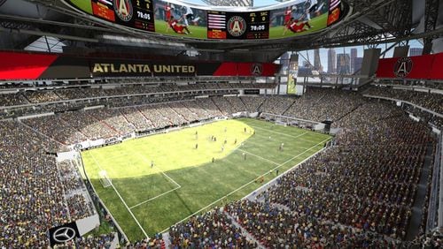 A rendering of Mercedes-Benz Stadium, configured for soccer.