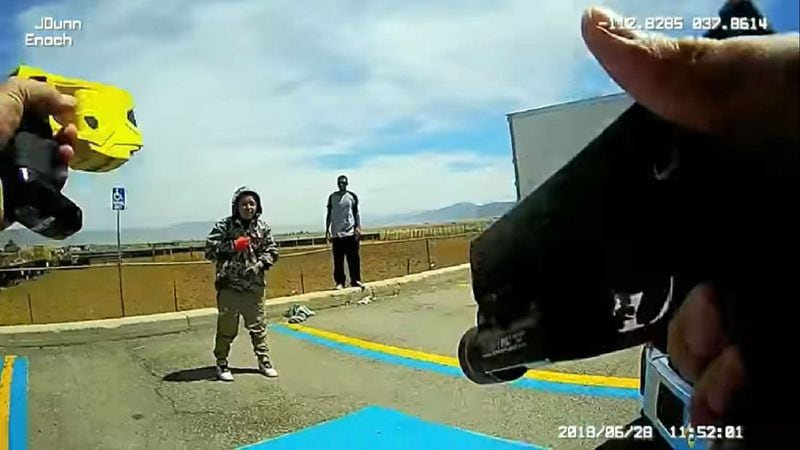 Ivonne Casimiro, 29, of Las Vegas, is seen as Enoch, Utah, police Cpl. Jeremy Dunn attempts to stun her with a Taser June 28, 2018, at a truck stop in Parowan, Utah. Casimiro, who had a screwdriver in hand and refused to drop it, was one of three people suspected of burglarizing vehicles in the business’s parking lot. Dunn shot Casimiro in the knee a few moments later.