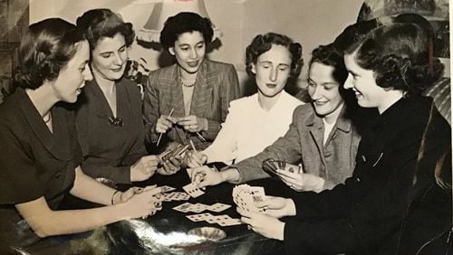 Lillian Deakins, fifth from the left, in 1946 playing cards with friends who remained close for decades. From left, Eleanor Bockmann, Sudie Hanger, Dot Addison, Dorothy Yates, Lillian Deakins, Emily Hightower.