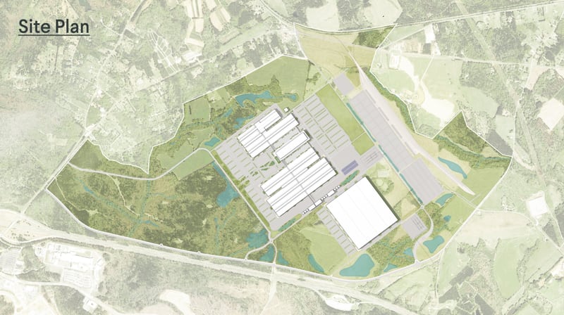A map shows the site plan for Rivian's future EV manufacturing campus in Georgia. The company has agreed to leave more than 50% of the site's acreage unpaved.