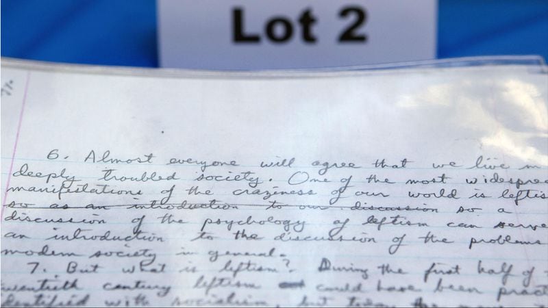 The handwritten manifesto of "Unabomber" Theodore Kaczynski is displayed as personal items of Kaczynski’s are auctioned off online, with proceeds to benefit the victims' families, in May 2011. The items include handwritten letters, typewriters, tools, clothing and books.