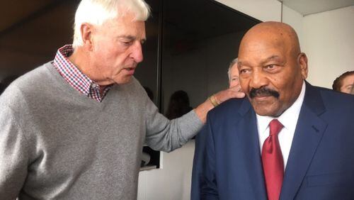 Bobby Knight and Jim Brown at a pre-inauguration reception for Donald Trump supporters. Photo: Jennifer Brett