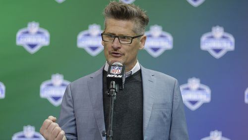 Atlanta Falcons general manager Thomas Dimitroff speaks during a press conference at the NFL Combine in Indianapolis, Wednesday, March 1, 2017. (AP Photo/Michael Conroy)