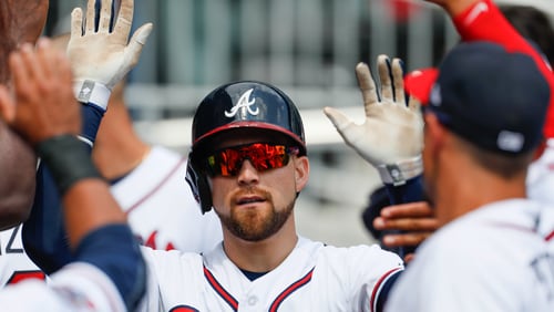 The Braves’ Ender Inciarte (center) is trying to put the finishing touches on a 200-plus-hit season, but the All-Star center fielder was out of the lineup Wednesday night after jamming his left thumb in Tuesday’s win against the Nationals. (AP photo)