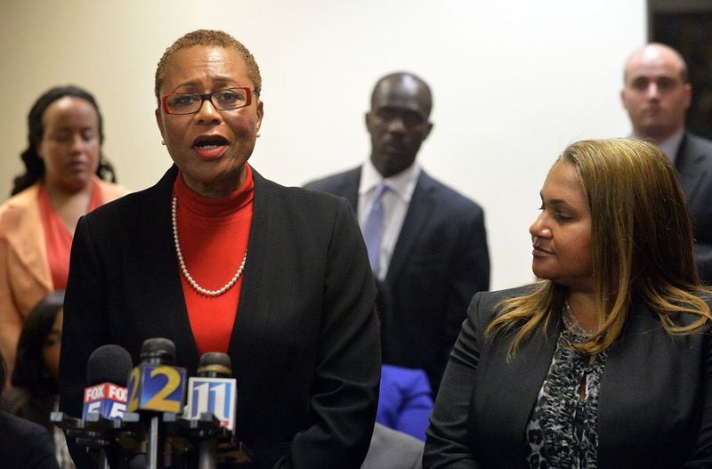Sharon Davis-Williams, one of three former Atlanta Public Schools regional directors found guilty in a districtwide test-cheating scandal, speaks during a 2015 press conference. (KENT D. JOHNSON /KDJOHNSON@AJC.COM)