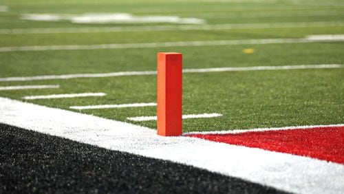 Sept. 11, 2020 - Norcross, Ga: A pylon is shown in the corner of an end zone during the high school football game between Lovett and GAC at Greater Atlanta Christian Friday, September 11, 2020 in Norcross, Ga.. JASON GETZ FOR THE ATLANTA JOURNAL-CONSTITUTION



