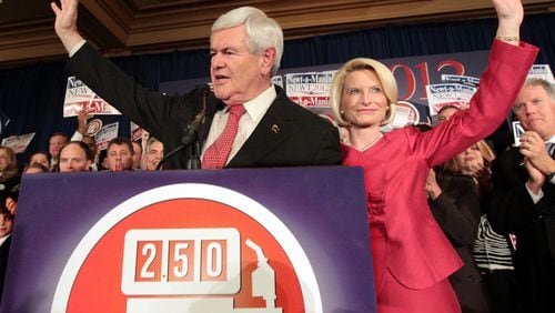 Newt and Callista Gingrich address supporters in Atlanta in 2012. (AJC file/Curtis Compton)