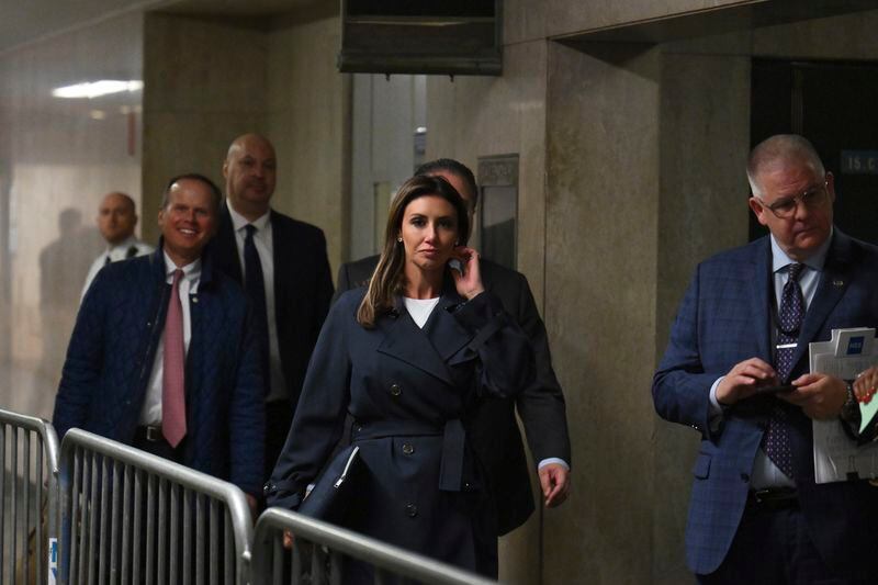 Alina Habba, an attorney for former President Donald Trump, leaves the courtroom during a break at Manhattan criminal court during Trump's trial in New York, on Monday, April 22, 2024. Opening statements in Trump's historic hush money trial are set to begin. Trump is accused of falsifying internal business records as part of an alleged scheme to bury stories he thought might hurt his presidential campaign in 2016. (Angela Weiss/Pool Photo via AP)
