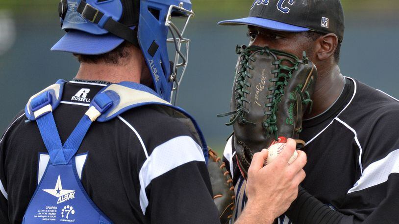 May 18, 2013 McDonough - Mt. Paran catcher Will Schnure (left) and Mt. Paran pitcher Kyle Trammell (26) confer during game one of a double header at Eagle's Landing Christian Academy in McDonough on Saturday, May 18, 2013. Eagle's Landing won the game one of a double header 5-1 over Mt. Paran. HYOSUB SHIN / HSHIN@AJC.COM