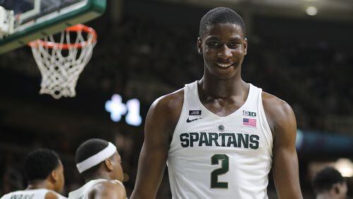 Jaren Jackson Jr. of the Michigan State Spartans reacts to a play during the game against the Rutgers Scarlet Knights at Breslin Center on January 10, 2018 in East Lansing, Michigan. (Photo by Rey Del Rio/Getty Images)