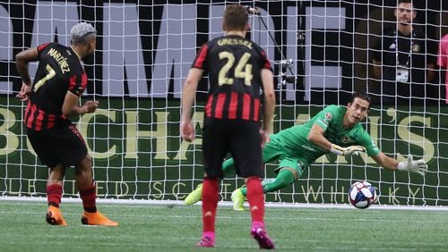 August 14, 2019 Atlanta: Atlanta United forward Josef Martinez has his penalty kick blocked by Club America goalkeeper Oscar Jimenez as Julian Gressel looks on during the first half in the Campeones Cup on Wednesday, August 14, 2019, in Atlanta.   Curtis Compton/ccompton@ajc.com