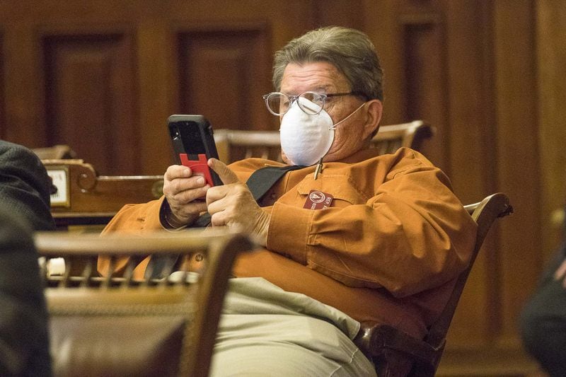 Georgia Rep. Alan Powell, R-Hartwell, wears a protective mask during a special session at the Georgia Capitol to deal with the coronavirus. In response to the pandemic, the state Legislature suspended its regular 2020 session indefinitely. (ALYSSA POINTER/ALYSSA.POINTER@AJC.COM)